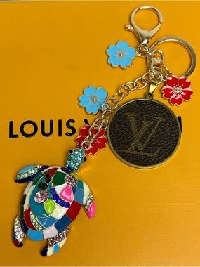 Louis Vuitton Bag Charm, Turtle, Enamel Flowers, 7.5 inches long, Upcycled